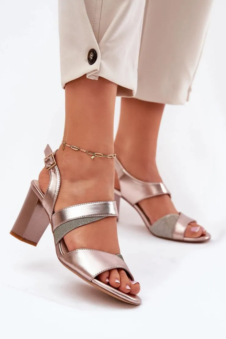 Buty Sergio Leone Sandały Na Słupku|Sandały Na Obcasie*Sandały Damskie Na Słupku Sergio Leone SK866 Różowe Złoto Złoty