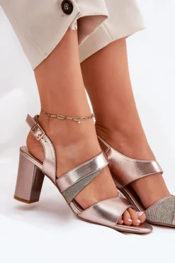 Buty Sergio Leone Sandały Na Słupku|Sandały Na Obcasie*Sandały Damskie Na Słupku Sergio Leone SK866 Różowe Złoto Złoty