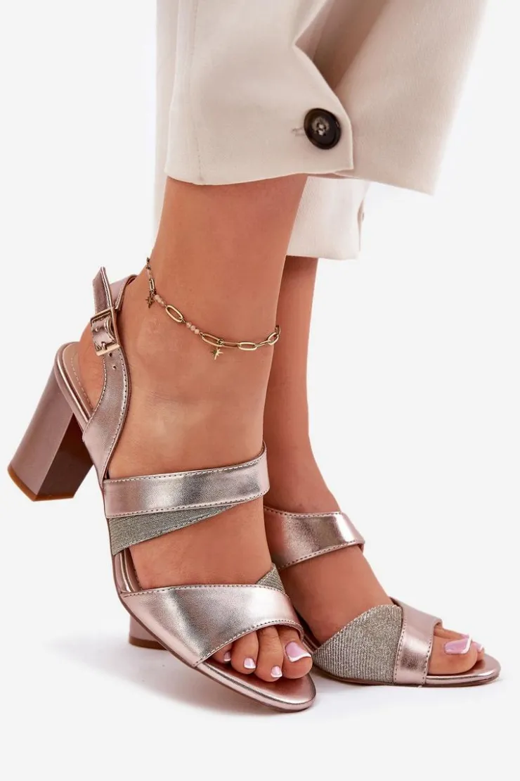 Buty Sergio Leone Sandały Na Słupku|Sandały Na Obcasie*Sandały Damskie Na Słupku Sergio Leone SK866 Różowe Złoto Złoty