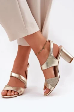 Outlet Buty Sergio Leone Sandały Damskie Na Słupku Sergio Leone SK866 Złote Złoty