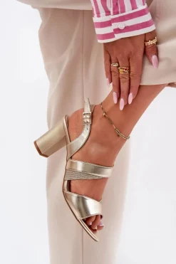 Outlet Buty Sergio Leone Sandały Damskie Na Słupku Sergio Leone SK866 Złote Złoty