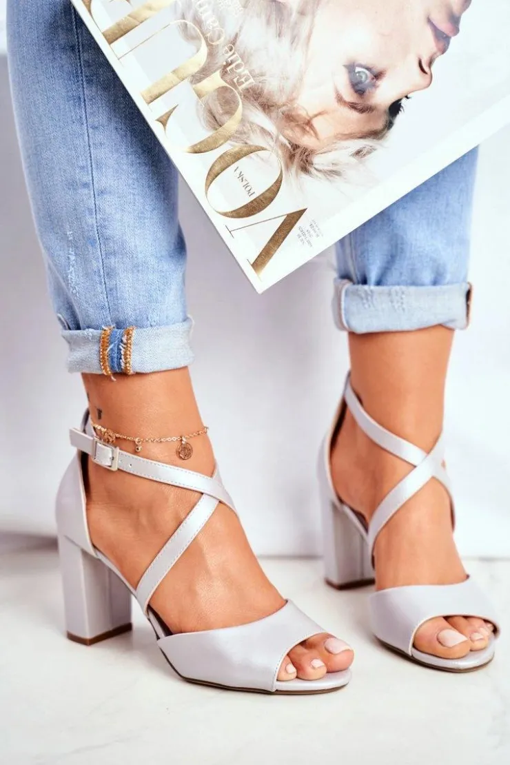 Buty Sergio Leone Sandały Na Obcasie*Sandały Damskie Na Słupku Sergio Leone Srebrna Perła SK865