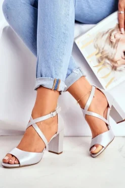 Buty Sergio Leone Sandały Na Obcasie*Sandały Damskie Na Słupku Sergio Leone Srebrna Perła SK865