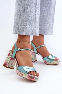 Damskie Damskie buty S.Barski Sandały Damskie Na Słupku W Kwiaty D&A CR980 Błękitne