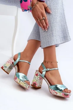 Damskie Damskie buty S.Barski Sandały Damskie Na Słupku W Kwiaty D&A CR980 Błękitne