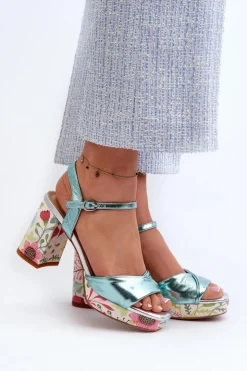 Damskie Damskie buty S.Barski Sandały Damskie Na Słupku W Kwiaty D&A CR980 Błękitne