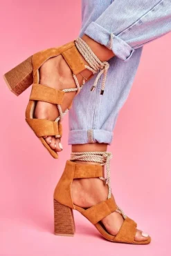 Damskie Boto Sandały Damskie Na Słupku Wiązane Zamszowe Camel Amore