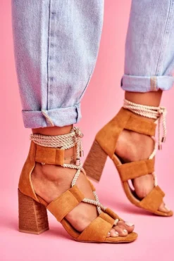 Damskie Boto Sandały Damskie Na Słupku Wiązane Zamszowe Camel Amore