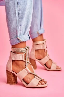 Boto Sandały Na Obcasie*Sandały Damskie Na Słupku Wiązane Zamszowe Beżowe Amore