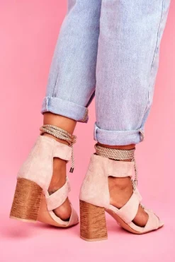 Boto Sandały Na Obcasie*Sandały Damskie Na Słupku Wiązane Zamszowe Beżowe Amore