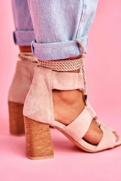 Boto Sandały Na Obcasie*Sandały Damskie Na Słupku Wiązane Zamszowe Beżowe Amore