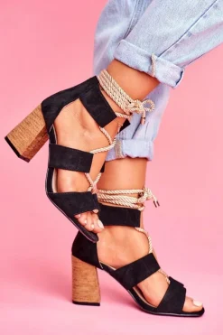 Clearance Boto Sandały Damskie Na Słupku Wiązane Zamszowe Czarne Amore