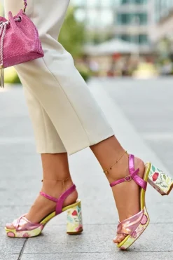 Damskie buty S.Barski Sandały Na Słupku|Sandały Na Obcasie*Sandały Damskie Na Słupku W Kwiaty D&A CR980 Różowe Różowy