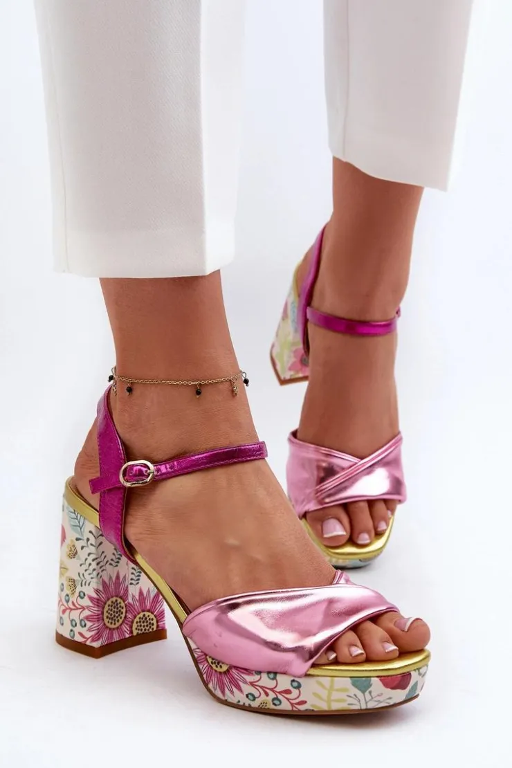 Damskie buty S.Barski Sandały Na Słupku|Sandały Na Obcasie*Sandały Damskie Na Słupku W Kwiaty D&A CR980 Różowe Różowy