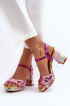 Damskie buty S.Barski Sandały Na Słupku|Sandały Na Obcasie*Sandały Damskie Na Słupku W Kwiaty D&A CR980 Różowe Różowy
