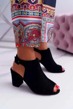 Damskie Boto Sandały Damskie Na Słupku Z Cholewką Peep Toe Czarne Esta