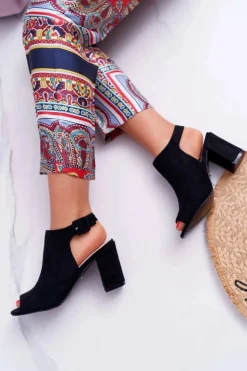Damskie Boto Sandały Damskie Na Słupku Z Cholewką Peep Toe Czarne Esta