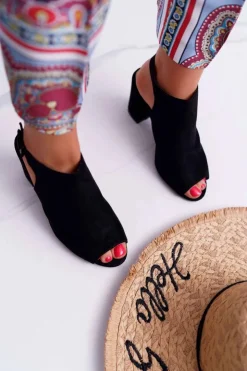 Damskie Boto Sandały Damskie Na Słupku Z Cholewką Peep Toe Czarne Esta