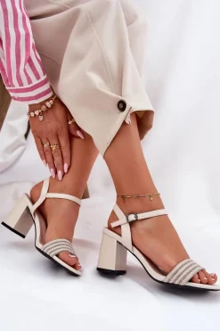 Discount Buty damskie Vinceza Sandały Damskie Na Słupku Z Cyrkoniami I Plecionką Vinceza 62228 Beżowe Beżowy