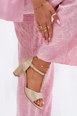 Damskie Evento Sandały Damskie Na Słupku Z Ozdobnym Paskiem Eko Skóra Złote Triavera