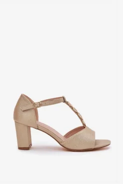 Damskie Evento Sandały Damskie Na Słupku Z Ozdobnym Paskiem Eko Skóra Złote Triavera