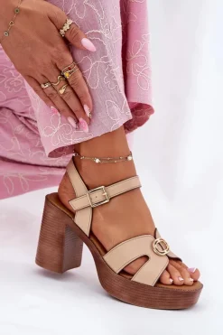 Evento Sandały Na Słupku|Sandały Na Obcasie*Sandały Damskie Na Słupku Ze Złotą Ozdobą Beżowe Nusorilis