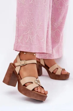 Evento Sandały Na Słupku|Sandały Na Obcasie*Sandały Damskie Na Słupku Ze Złotą Ozdobą Beżowe Nusorilis