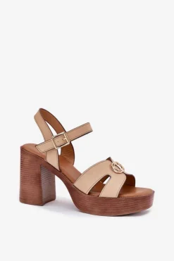 Evento Sandały Na Słupku|Sandały Na Obcasie*Sandały Damskie Na Słupku Ze Złotą Ozdobą Beżowe Nusorilis