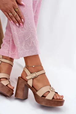 Evento Sandały Na Słupku|Sandały Na Obcasie*Sandały Damskie Na Słupku Ze Złotą Ozdobą Beżowe Nusorilis