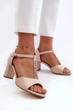 Evento Sandały Na Słupku|Sandały Na Obcasie*Sandały Damskie Na Słupku Z Ozdobnym Paskiem Eko Skóra Beżowe Triavera