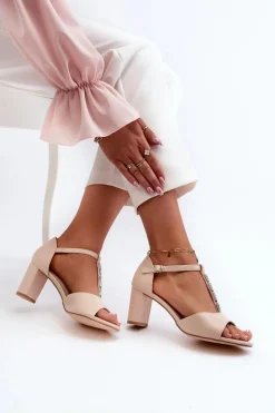 Evento Sandały Na Słupku|Sandały Na Obcasie*Sandały Damskie Na Słupku Z Ozdobnym Paskiem Eko Skóra Beżowe Triavera