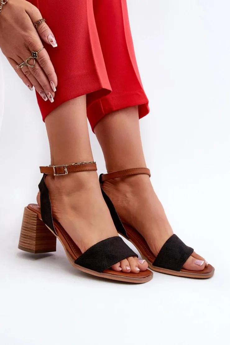 Damskie Evento Sandały Damskie Na Słupku Z Eko Zamszu Czarne Ronvia