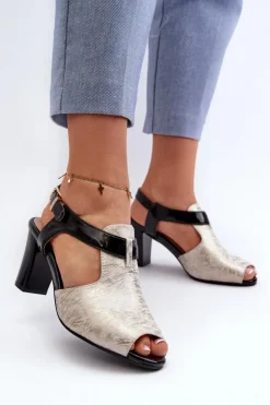 Outlet Boto Sandały Damskie Na Słupku Z Eko Skóry Złoto-Czarne Queenmarie Złoty