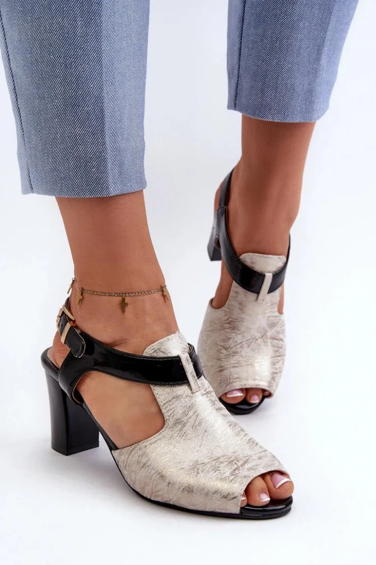 Outlet Boto Sandały Damskie Na Słupku Z Eko Skóry Złoto-Czarne Queenmarie Złoty