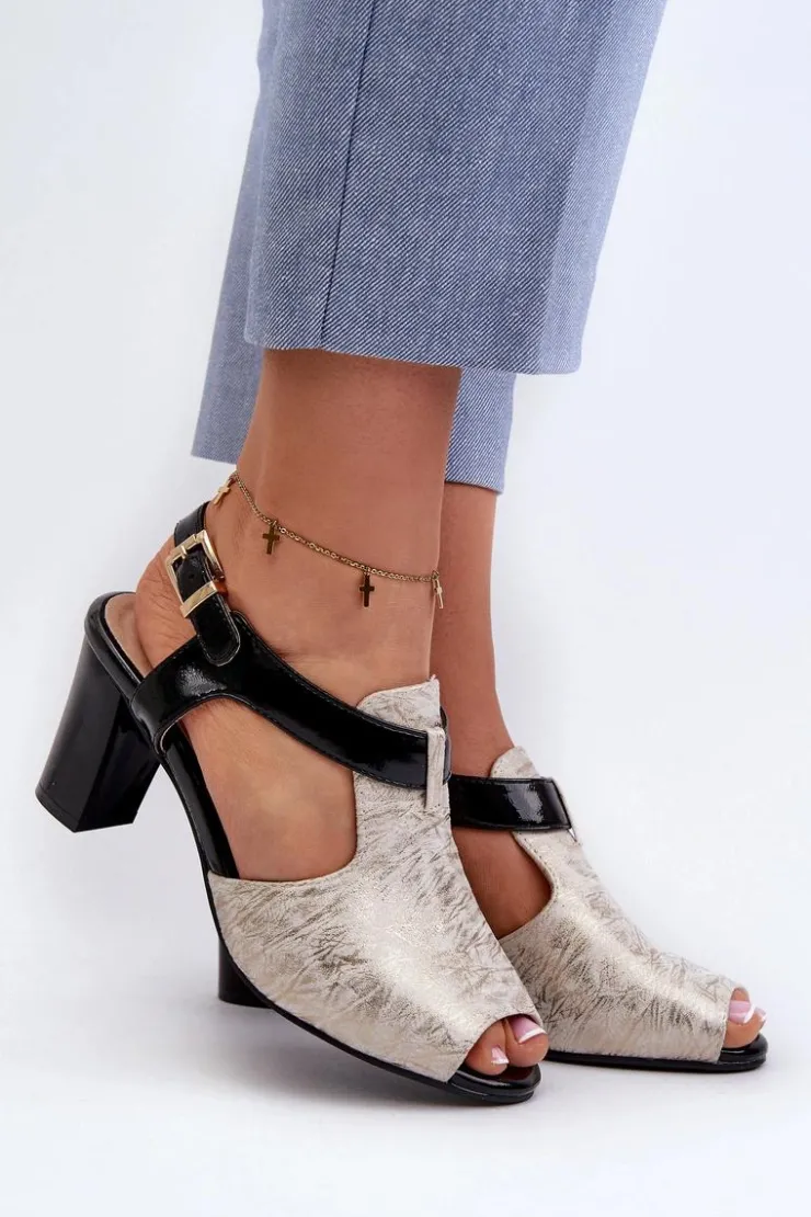 Outlet Boto Sandały Damskie Na Słupku Z Eko Skóry Złoto-Czarne Queenmarie Złoty