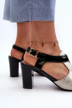 Outlet Boto Sandały Damskie Na Słupku Z Eko Skóry Złoto-Czarne Queenmarie Złoty