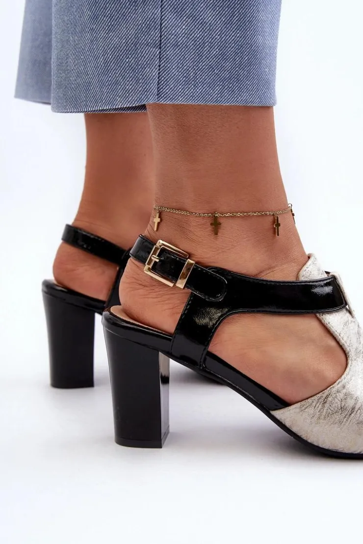 Outlet Boto Sandały Damskie Na Słupku Z Eko Skóry Złoto-Czarne Queenmarie Złoty