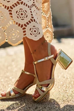 Damskie Evento Sandały Damskie Na Słupku Z Eko Skóry Złote Lyana