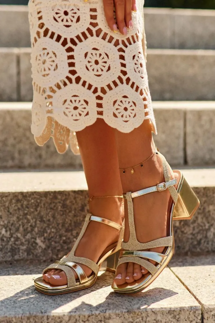 Damskie Evento Sandały Damskie Na Słupku Z Eko Skóry Złote Lyana