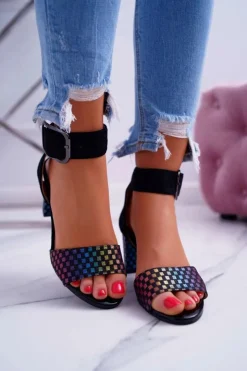 Buty damskie Vinceza Sandały Na Obcasie*Sandały Damskie Na Słupku Zamszowe Czarne Geometric