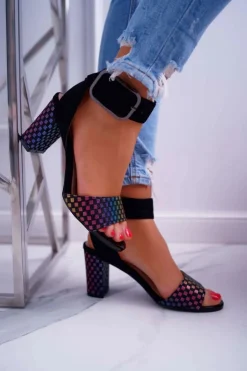 Buty damskie Vinceza Sandały Na Obcasie*Sandały Damskie Na Słupku Zamszowe Czarne Geometric