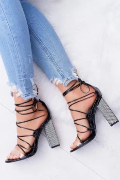 Damskie Boto Sandały Damskie Na Słupku Z Cyrkoniami Wiązane Czarne Everything