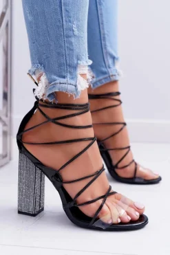 Damskie Boto Sandały Damskie Na Słupku Z Cyrkoniami Wiązane Czarne Everything