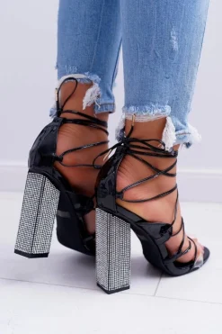 Damskie Boto Sandały Damskie Na Słupku Z Cyrkoniami Wiązane Czarne Everything