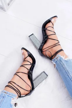 Damskie Boto Sandały Damskie Na Słupku Z Cyrkoniami Wiązane Czarne Everything