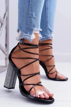 Damskie Boto Sandały Damskie Na Słupku Z Cyrkoniami Wiązane Czarne Everything