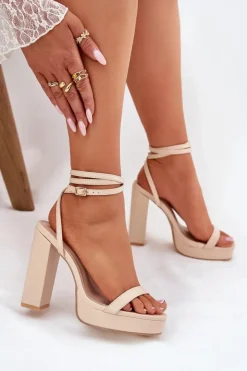 New Boto Sandały Damskie Na Słupku Z Paseczkiem Beżowe Fevenne Beżowy