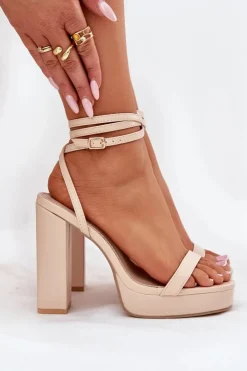 New Boto Sandały Damskie Na Słupku Z Paseczkiem Beżowe Fevenne Beżowy