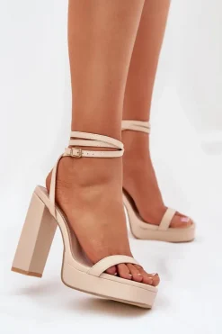 New Boto Sandały Damskie Na Słupku Z Paseczkiem Beżowe Fevenne Beżowy