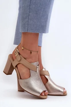 Damskie Boto Sandały Damskie Na Słupku Z Eko Skóry Złote Queenmarie